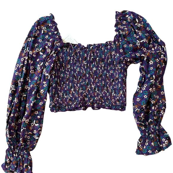Band of the Free Agathe Purple Floral Smocked Boho Stretch Casual Top XS - Picture 3 of 5